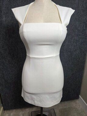 French Connection Summer White Dress Size 2 Cap Sleeve Square Neckline Fitted Si